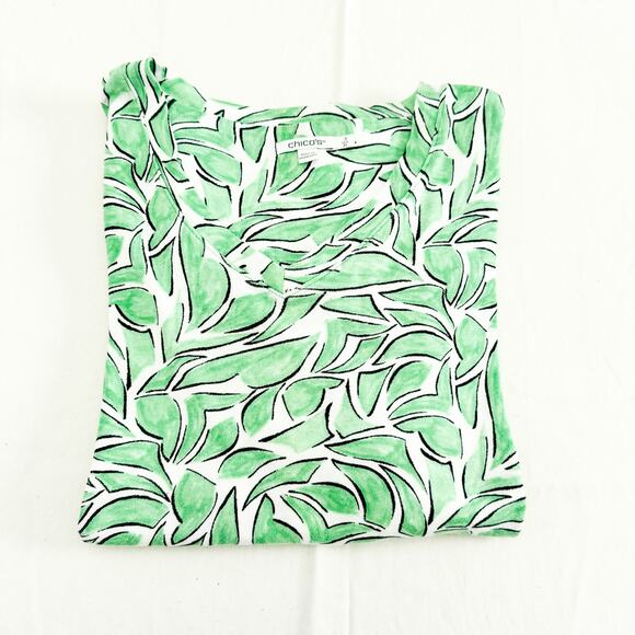 Chico's Green Printed Abstract Palm Graphic Print Short Sleeve Top Size XL - Picture 1 of 5
